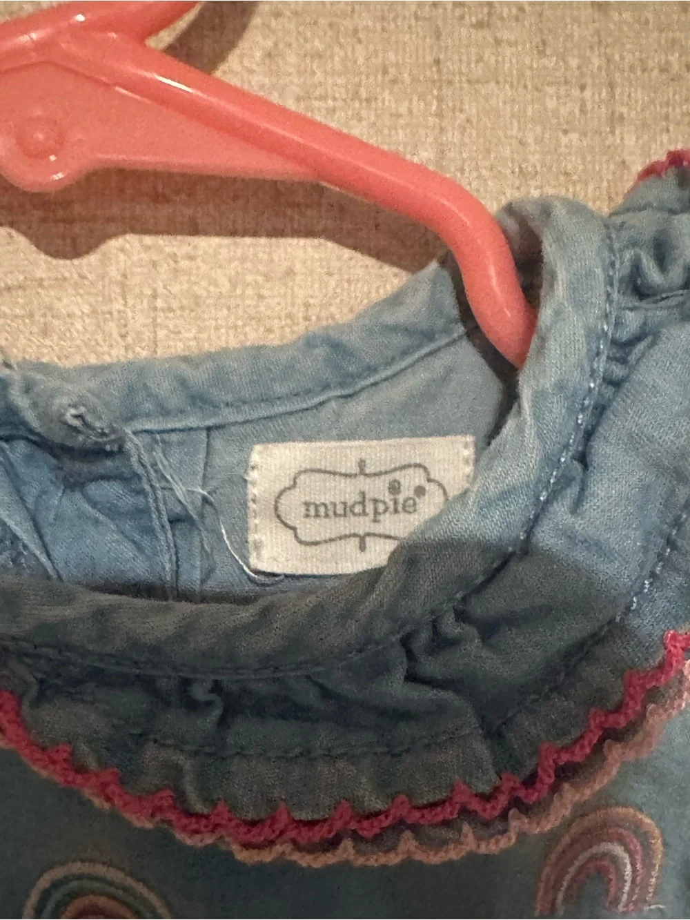 Mud Pie 6/9M Denim Blue Rainbow Embroidered Tank